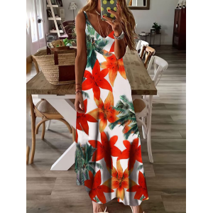 Women Floral Sleeveless Summer Printing Dress V Neck Daily Casual Maxi Slip Dress X-Line Dress