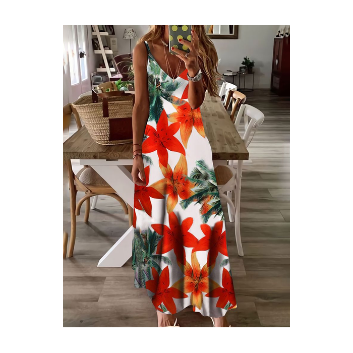 Women Floral Sleeveless Summer Printing Dress V Neck Daily Casual Maxi Slip Dress X-Line Dress