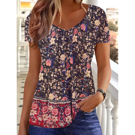Women Floral Short Sleeve Tee T-shirt V Neck Printing Casual Summer Graphic Tee Top