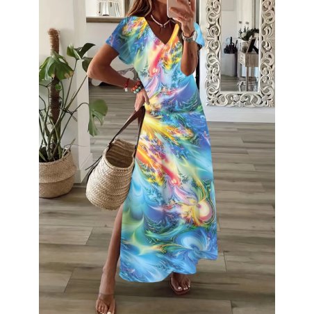 Women Abstract Short Sleeve Summer Printing Dress V Neck Daily Casual Maxi X-Line Dress