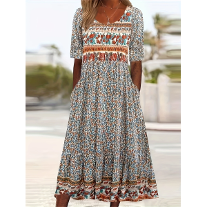 Women Floral Short Sleeve Summer Printing Dress Crew Neck Daily Casual Maxi Shift Dress H-Line Dress