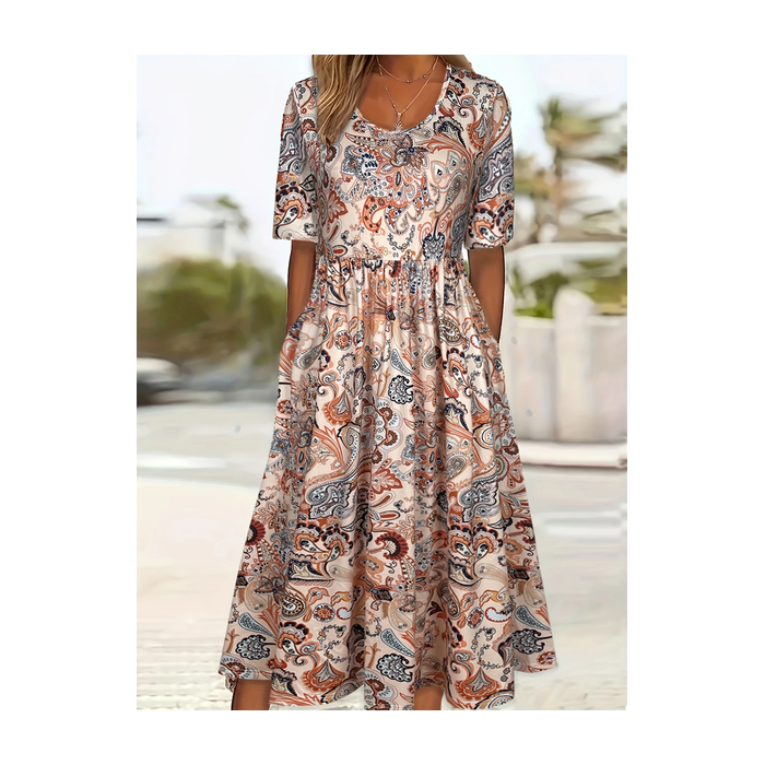 Women Floral Short Sleeve Summer Printing Dress Crew Neck Daily Casual Maxi Shift Dress H-Line Dress