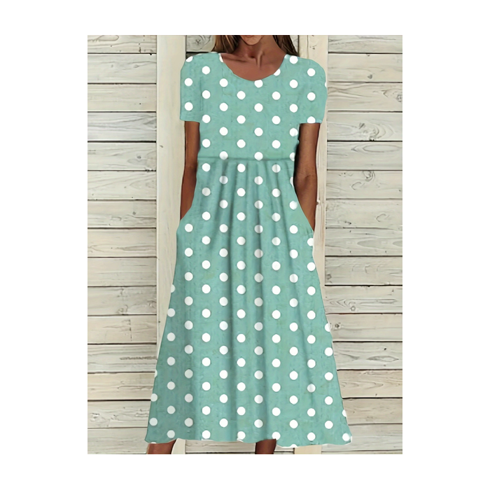 Women Polka Dots Short Sleeve Summer Printing Dress Crew Neck Daily Casual Maxi Shift Dress H-Line Dress