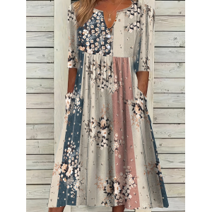 Women Floral Short Sleeve Summer Printing Dress V Neck Daily Casual Maxi Fit & Flare Dress H-Line Dress