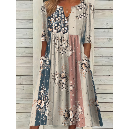 Women Floral Short Sleeve Summer Printing Dress V Neck Daily Casual Maxi Fit & Flare Dress H-Line Dress
