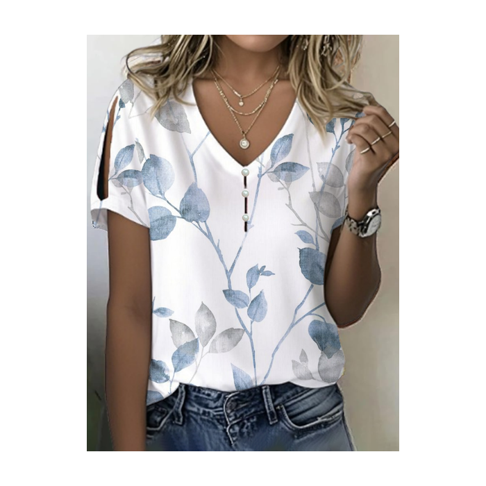 Women Floral Short Sleeve Tee T-shirt V Neck Printing Casual Summer Graphic Tee Top