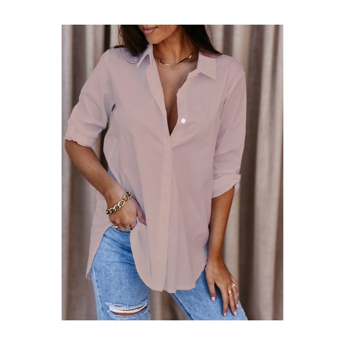 Women Plain Long Sleeve Shirt Spring/Fall Buckle Shirt Collar Daily Casual Top