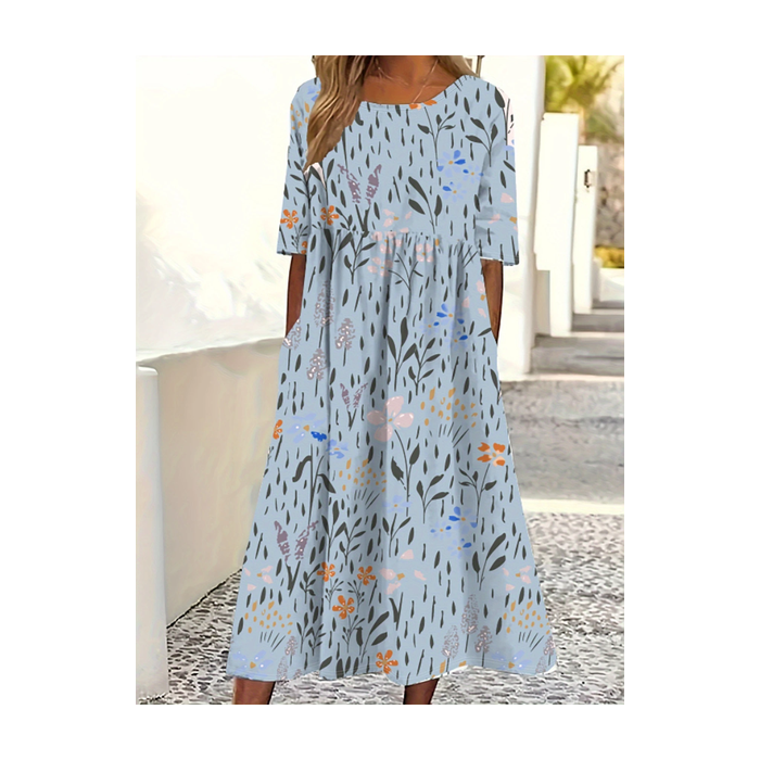 Women Floral Half Sleeve Summer Printing Dress Crew Neck Daily Casual Maxi A-Line Dress