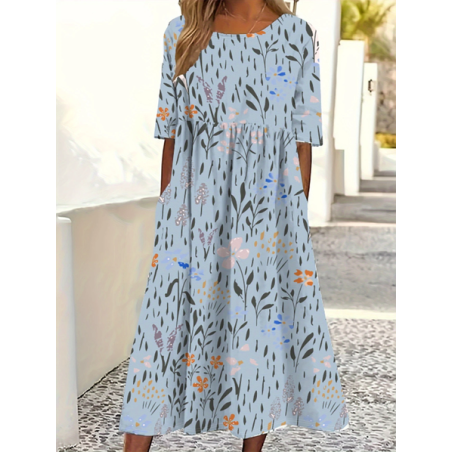 Women Floral Half Sleeve Summer Printing Dress Crew Neck Daily Casual Maxi A-Line Dress