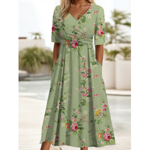 Women Floral Short Sleeve Summer Printing Dress V Neck Daily Casual Maxi A-Line Dress
