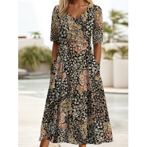 Women Floral Short Sleeve Summer Printing Dress V Neck Daily Casual Maxi A-Line Dress