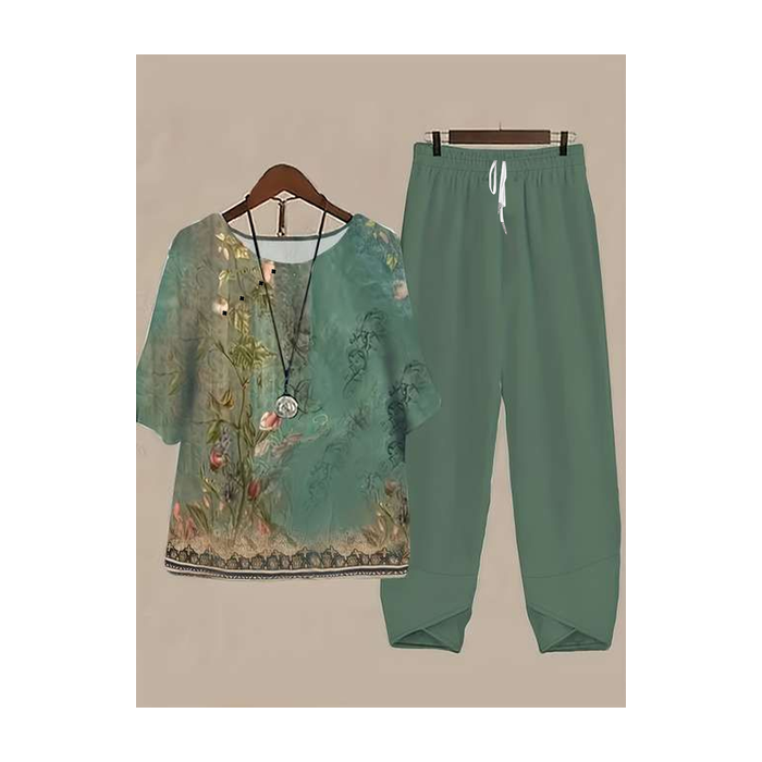 Women Floral Printing Two-Piece Set Daily Half Sleeve Casual Summer Top With Pants Matching Set
