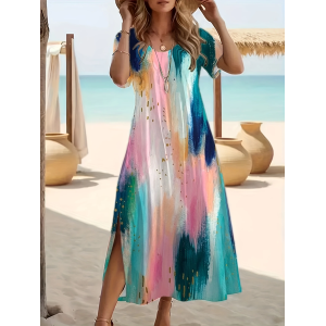 Women Abstract Short Sleeve Summer Printing Dress Crew Neck Daily Casual Maxi Fit & Flare Dress A-Line Dress