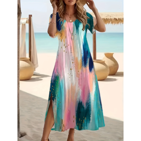 Women Abstract Short Sleeve Summer Printing Dress Crew Neck Daily Casual Maxi Fit & Flare Dress A-Line Dress