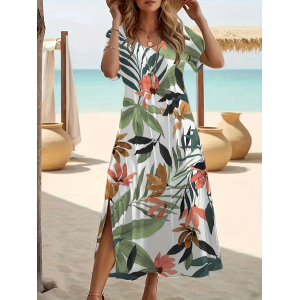 Women Floral Short Sleeve Summer Printing Dress Crew Neck Daily Casual Maxi Fit & Flare Dress A-Line Dress