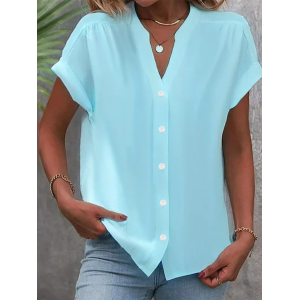 Women's Plain Short Sleeve Shirt Summer Buckle V Neck Daily Casual Top