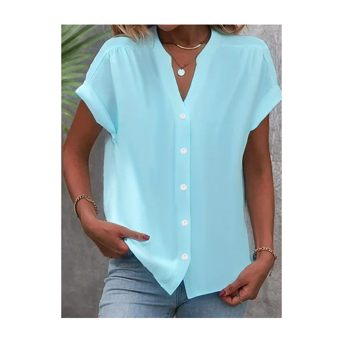 Women's Plain Short Sleeve Shirt Summer Buckle V Neck Daily Casual Top