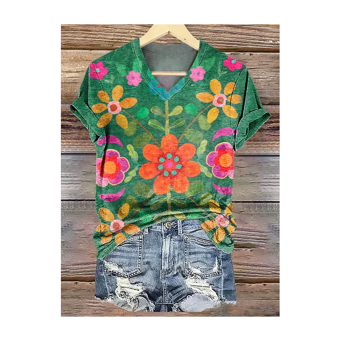 Women Floral Short Sleeve Tee T-shirt V Neck Printing Casual Summer Graphic Tee Top