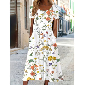 Women Floral Short Sleeve Summer Printing Dress Crew Neck Daily Casual Maxi Shift Dress H-Line Dress