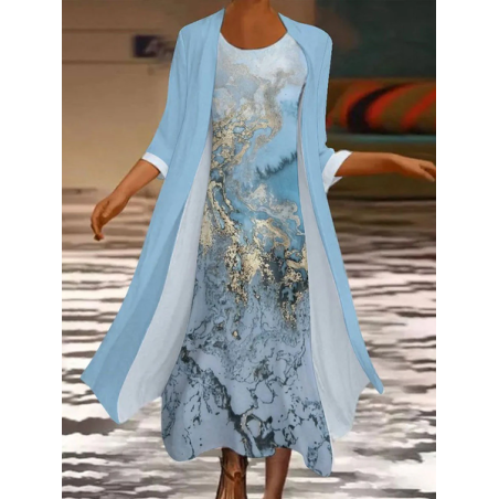 Women Abstract Printing Two-Piece Set Daily Three Quarter Sleeve Casual Spring/Fall Dress With Coat Matching Set