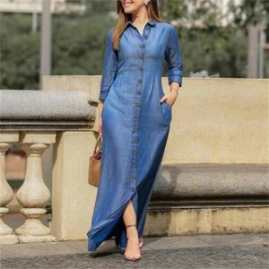 Women Plain Long Sleeve Spring/Fall Dress Stand Collar Daily Casual Maxi Shirt Dress H-Line Dress