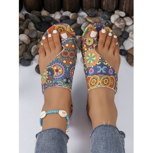 Ethnic Retro Flat Toe Slippers 2025 Summer New Breathable Printed Roman Style Slippers