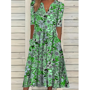 Women Floral Short Sleeve Summer Printing Dress V Neck Daily Casual Maxi Fit & Flare Dress H-Line Dress