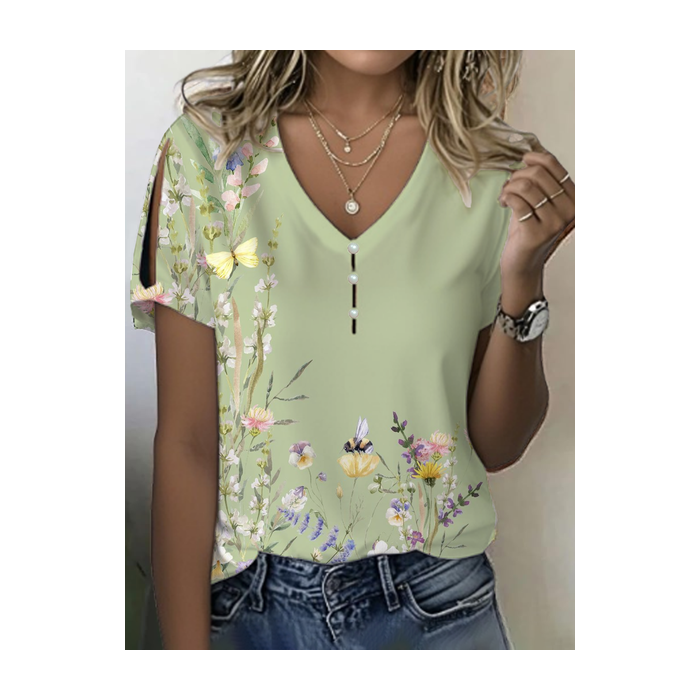 Women Floral Short Sleeve Tee T-shirt V Neck Printing Casual Summer Graphic Tee Top