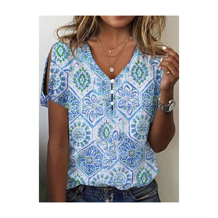 Women Floral Short Sleeve Tee T-shirt V Neck Printing Casual Summer Graphic Tee Top