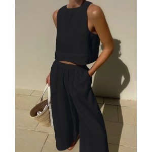Women Plain Two-Piece Set Daily Sleeveless Casual Summer Top With Pants Matching Set