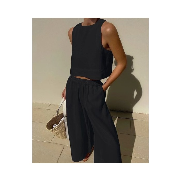 Women Plain Two-Piece Set Daily Sleeveless Casual Summer Top With Pants Matching Set