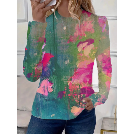 Women Abstract Long Sleeve Tee T-shirt Crew Neck Casual Spring/Fall Graphic Tee Top