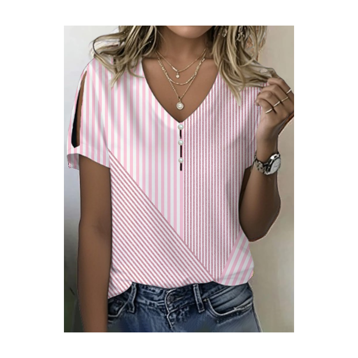 Women Striped Short Sleeve Tee T-shirt V Neck Printing Casual Summer Graphic Tee Top