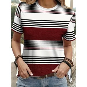 Women Striped Short Sleeve Tee T-shirt Crew Neck Printing Casual Summer Graphic Tee Top