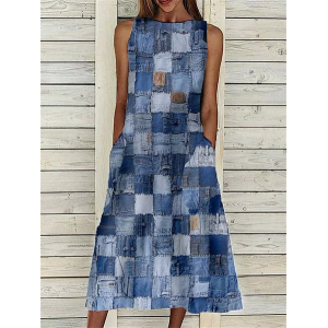 Women Plaid Sleeveless Summer Printing Dress Crew Neck Daily Casual Maxi Fit & Flare Dress H-Line Dress