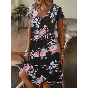 Women Floral Short Sleeve Summer Printing Dress V Neck Daily Casual Knee Length T-Shirt Dress H-Line Dress