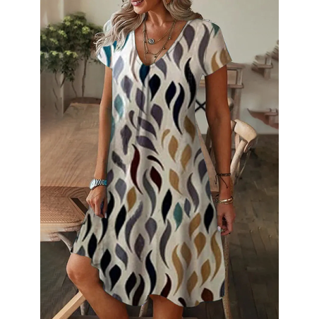 Women Abstract Short Sleeve Summer Printing Dress V Neck Daily Casual Knee Length T-Shirt Dress H-Line Dress