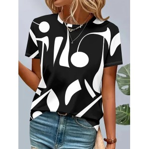 Women Abstract Short Sleeve Tee T-shirt Crew Neck Printing Casual Summer Graphic Tee Top