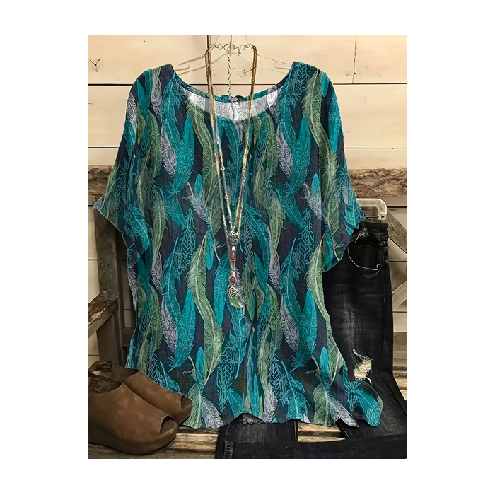 Women Feather Short Sleeve Tee T-shirt Crew Neck Printing Casual Summer Graphic Tee Top