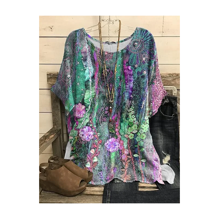 Women Floral Short Sleeve Tee T-shirt Crew Neck Printing Casual Summer Graphic Tee Top