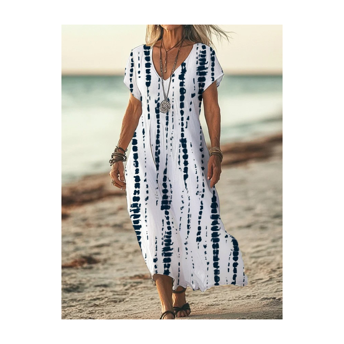 Women Striped Short Sleeve Summer Printing Dress V Neck Daily Casual Maxi X-Line Dress