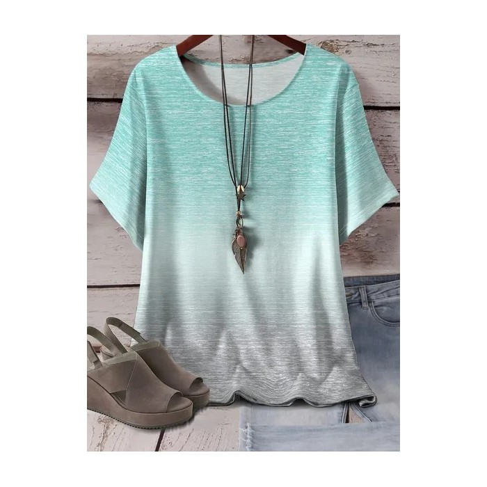 Women Ombre Short Sleeve Tee T-shirt Crew Neck Printing Casual Summer Graphic Tee Top