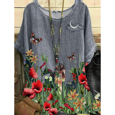 Women Floral Short Sleeve Tee T-shirt Crew Neck Printing Casual Summer Graphic Tee Top