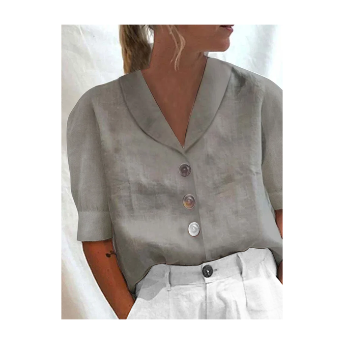 JFN Cotton Loose Shawl Collar Buttoned Short Sleeve Blouse