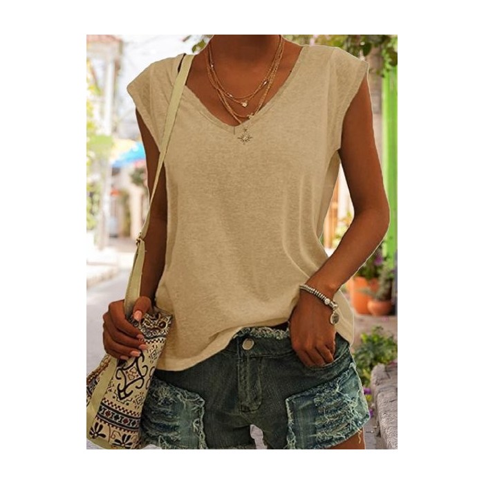 Women Cap Sleeve Tank Top Camisole Summer Plain V Neck Daily Casual Top