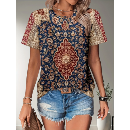 Women Floral Short Sleeve Tee T-shirt Crew Neck Printing Casual Summer Graphic Tee Top