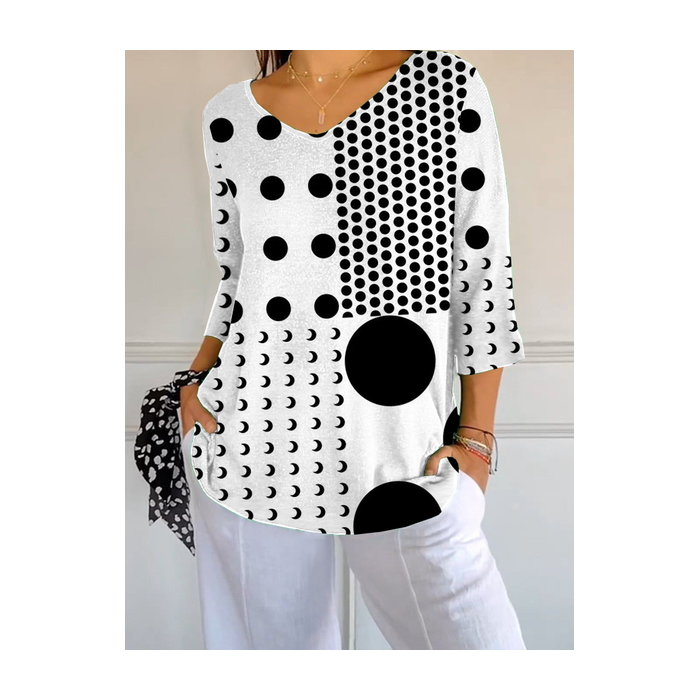 Women Polka Dots Three Quarter Sleeve Tee T-shirt V Neck Printing Casual Spring/Fall Graphic Tee Top