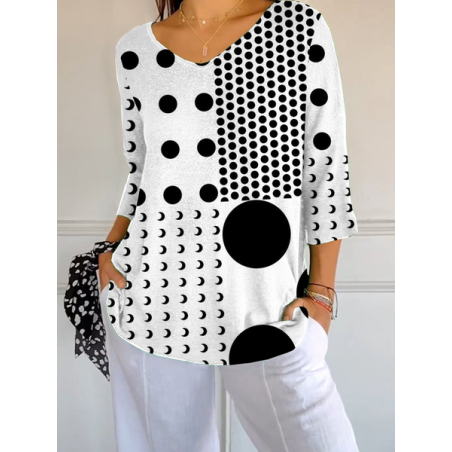 Women Polka Dots Three Quarter Sleeve Tee T-shirt V Neck Printing Casual Spring/Fall Graphic Tee Top