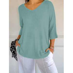 Women Plain Three Quarter Sleeve Tee T-shirt V Neck Printing Casual Spring/Fall Top