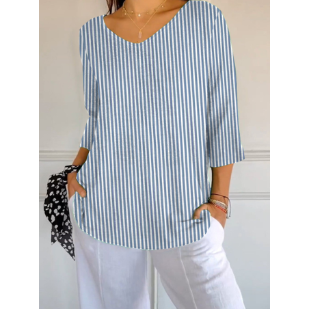 Women Striped Three Quarter Sleeve Tee T-shirt V Neck Printing Casual Spring/Fall Graphic Tee Top